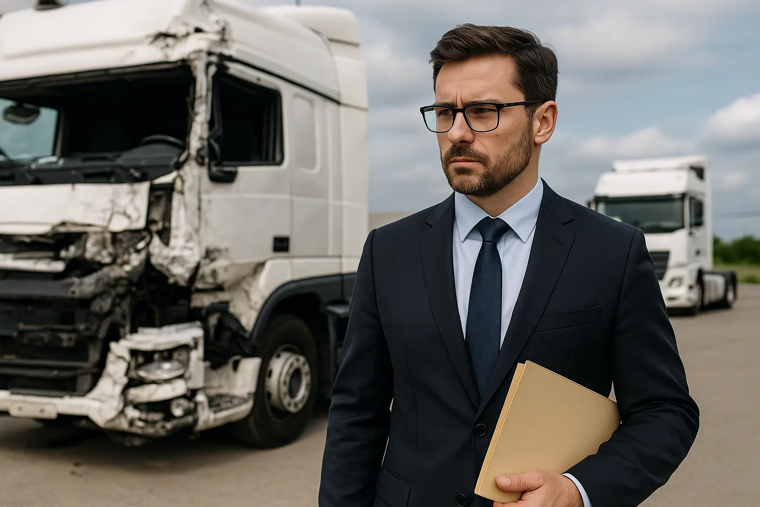 Truck accident lawyer inspecting a damaged semi-truck