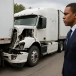 Truck accident lawyer inspecting damaged white semi-truck