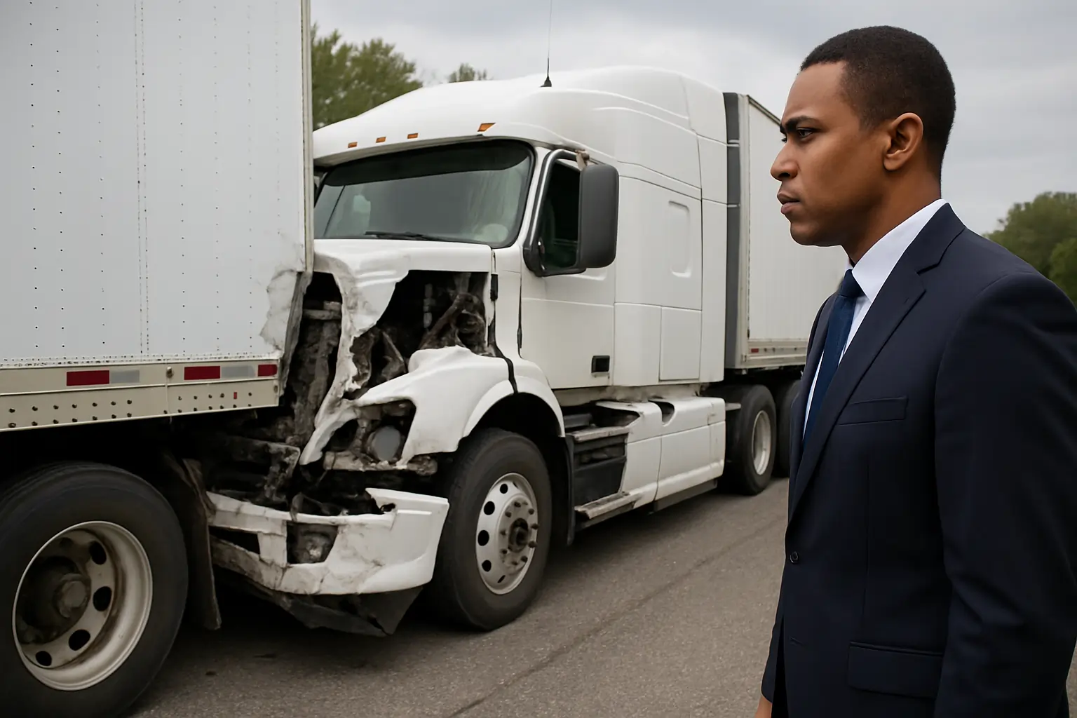 Truck accident lawyer inspecting damaged white semi-truck