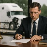 Truck accident lawyer reviewing documents with damaged truck outside window
