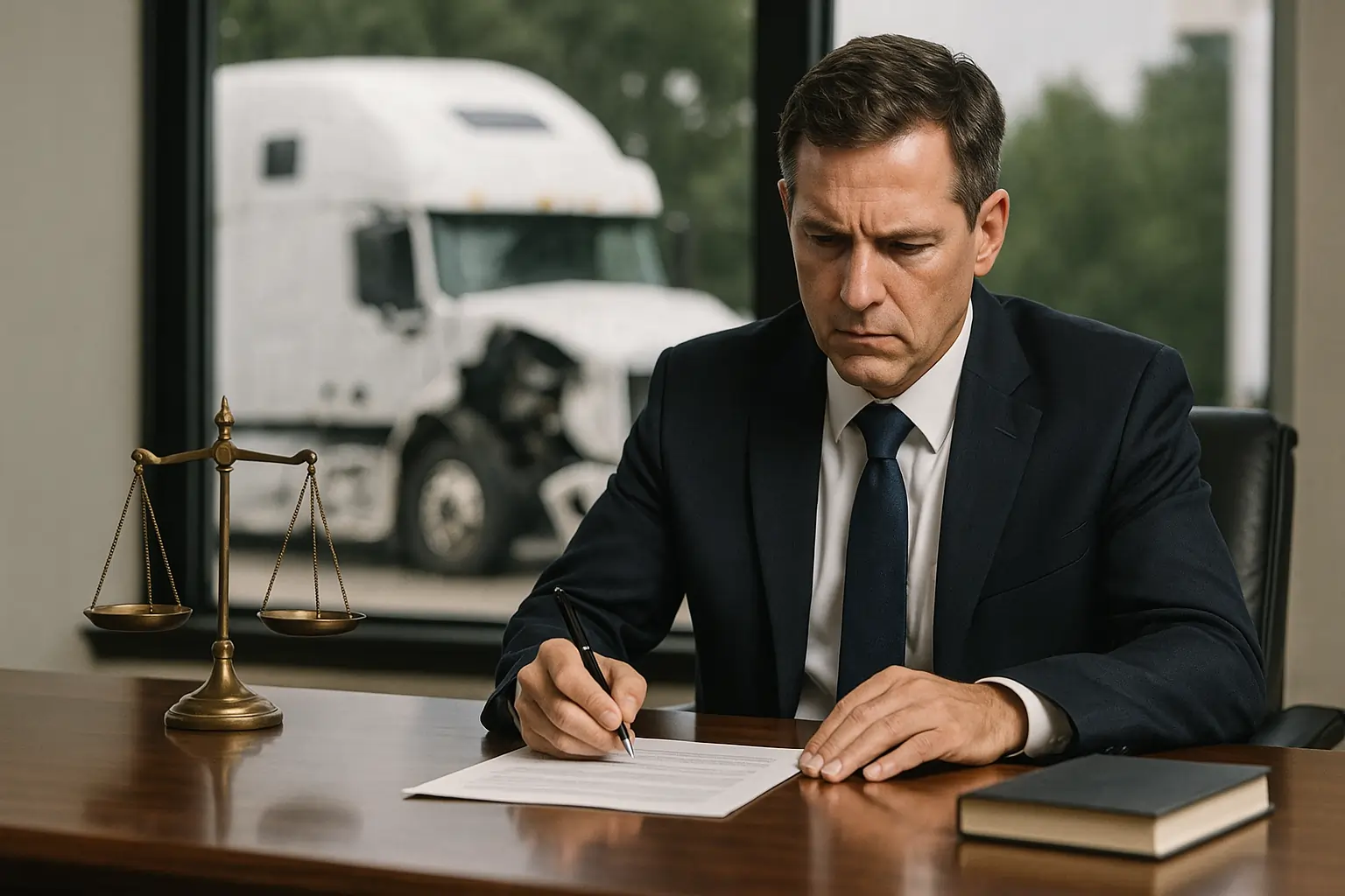 Truck accident lawyer reviewing documents with damaged truck outside window