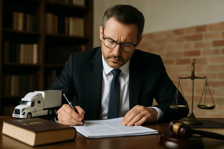 Truck accident lawyer reviewing trucking regulation violation documents