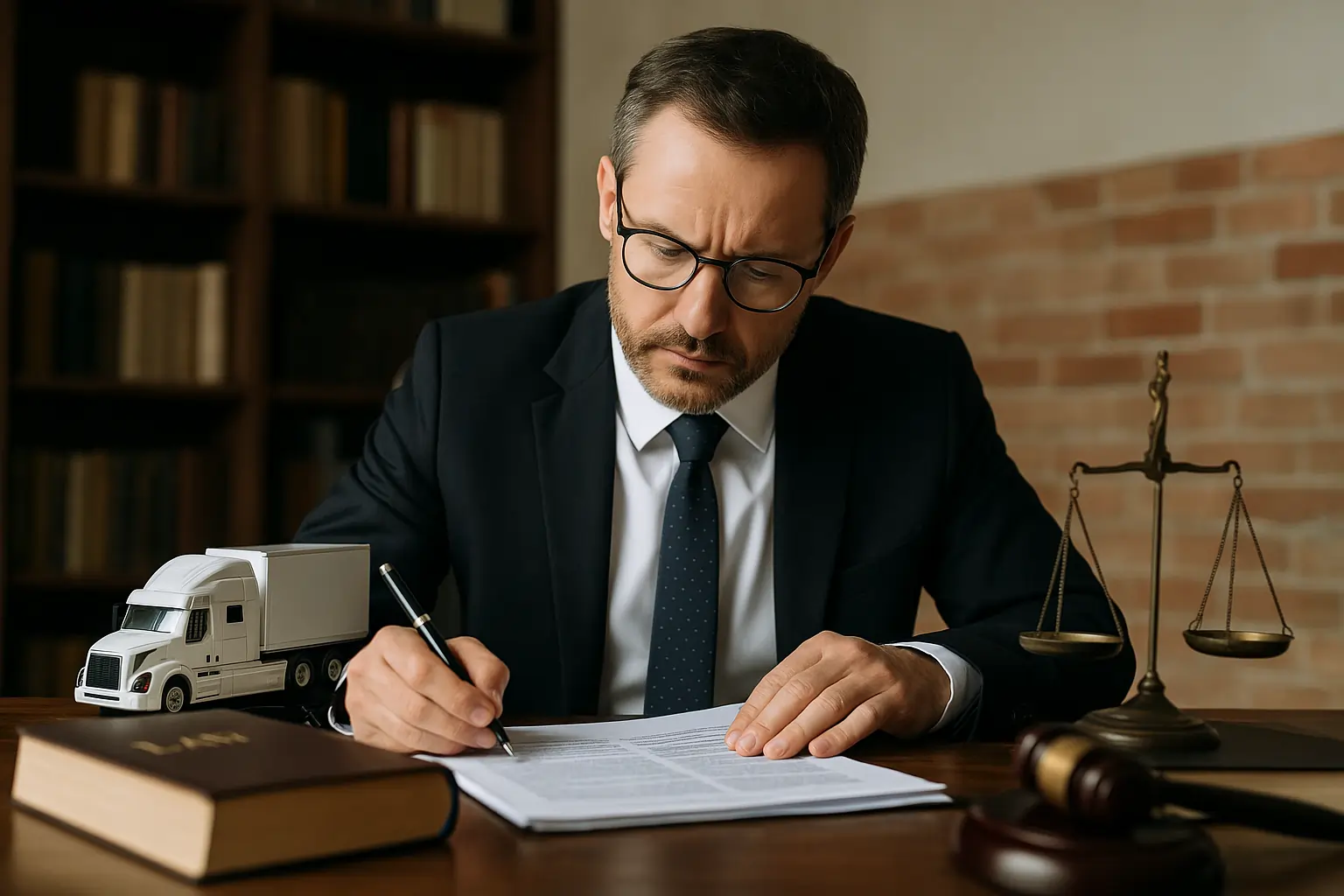 Truck accident lawyer reviewing trucking regulation violation documents