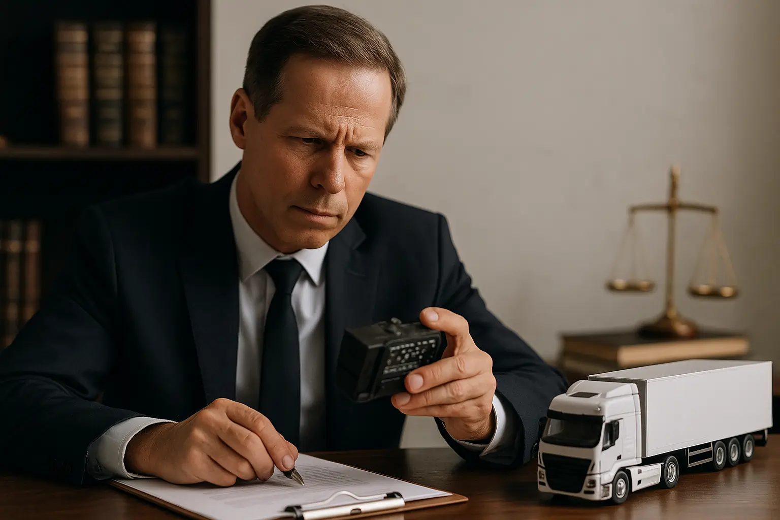 Truck accident lawyer analyzing black box data device