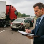 Truck accident lawyer investigating chain reaction truck accident scene