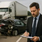 Truck accident lawyer reviewing documents at fatal highway crash scene