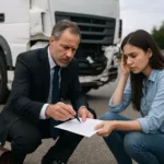Truck accident lawyer assisting pedestrian victim at crash site