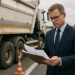 Truck accident lawyer reviewing documents near government-owned dump truck