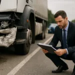 Truck accident lawyer reviewing evidence near damaged semi-truck