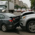 Rear-End Auto Collision Help Scene with Damaged Vehicles
