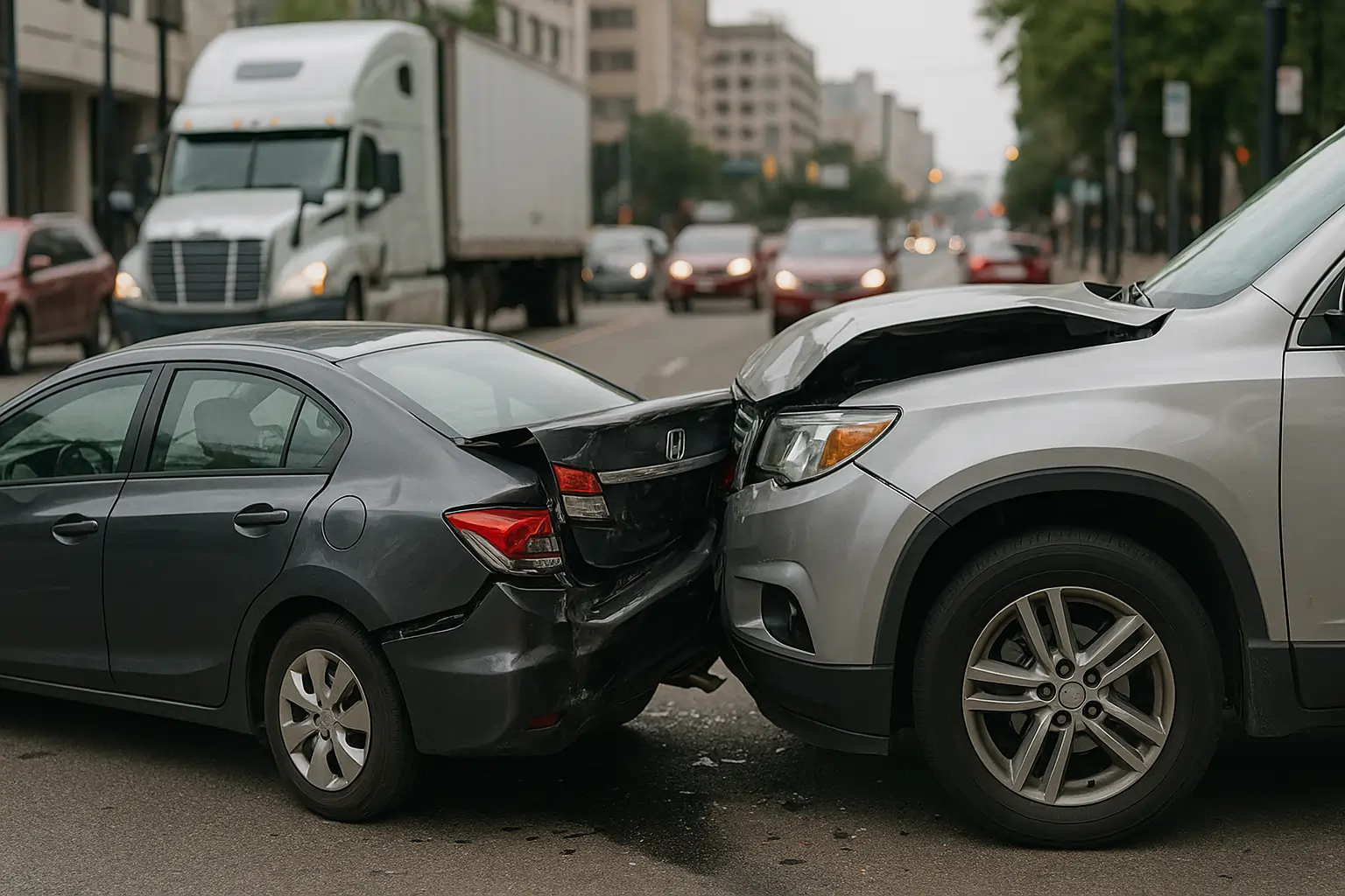 Rear-End Auto Collision Help Scene with Damaged Vehicles