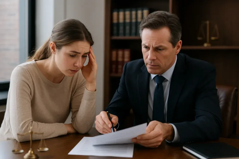 Realistic horizontal image showing a lawyer consulting with a client about major car crash compensation strategies.