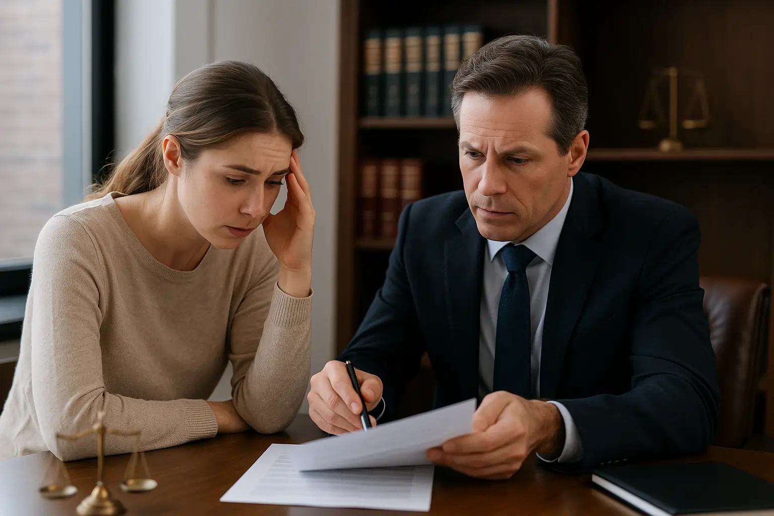 Realistic horizontal image showing a lawyer consulting with a client about major car crash compensation strategies.