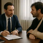 Realistic horizontal image of a lawyer consulting with a motorcycle accident victim about soft tissue injury claims.