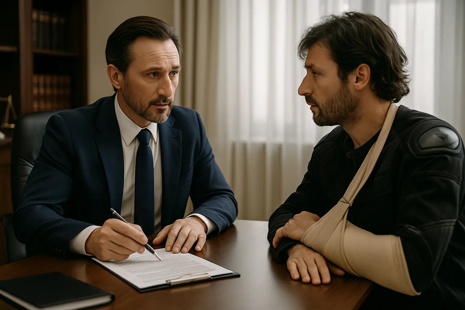 Realistic horizontal image of a lawyer consulting with a motorcycle accident victim about soft tissue injury claims.