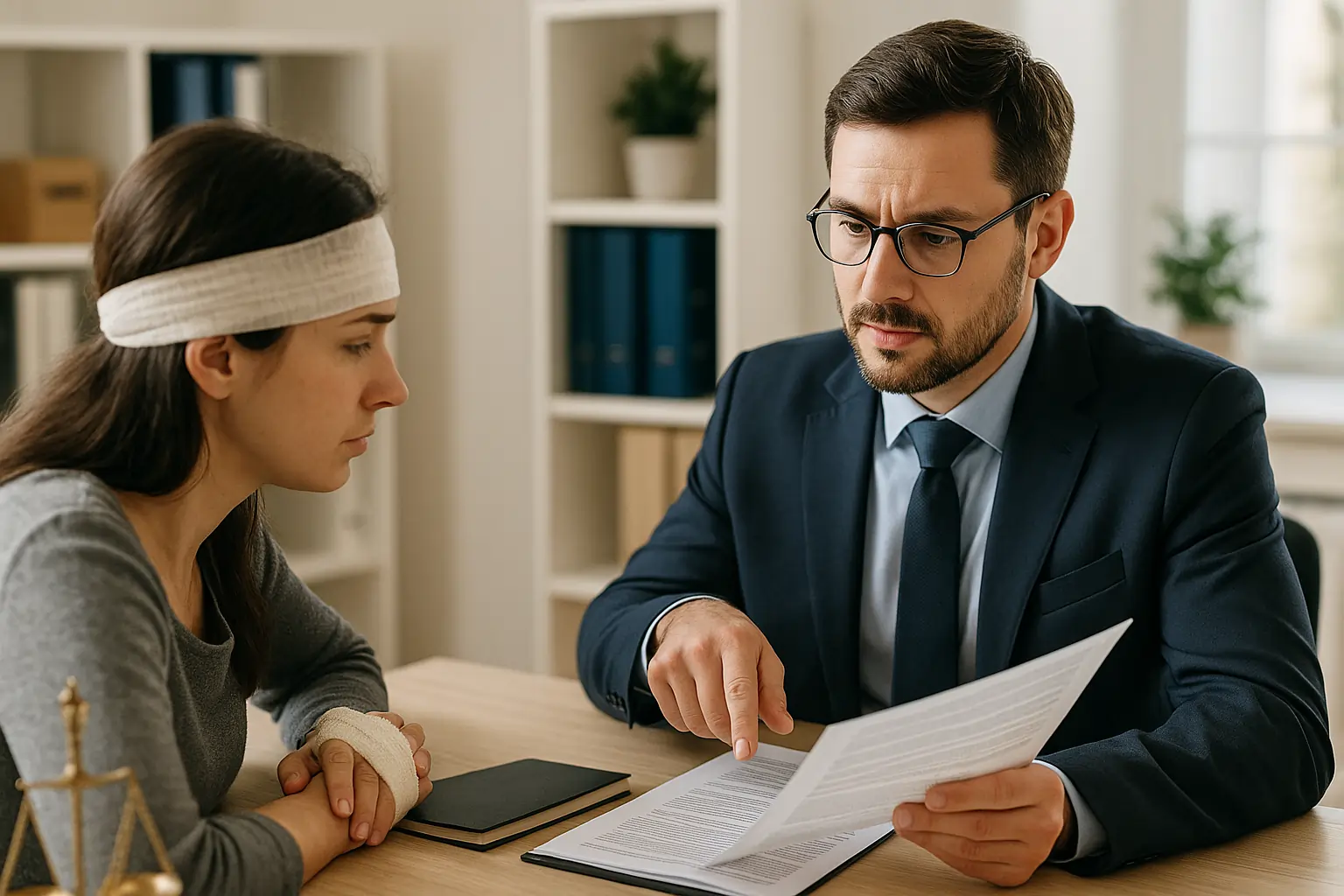 Realistic horizontal image of a lawyer consulting with an RV accident victim, reviewing documents together.