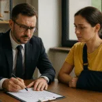 Realistic horizontal image of a lawyer consulting with a public transport accident victim, discussing legal strategies.