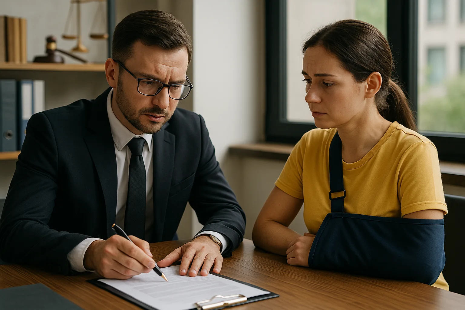 Realistic horizontal image of a lawyer consulting with a public transport accident victim, discussing legal strategies.