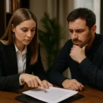 Realistic horizontal image of a lawyer consulting with a side-impact auto crash victim, reviewing claim documents.