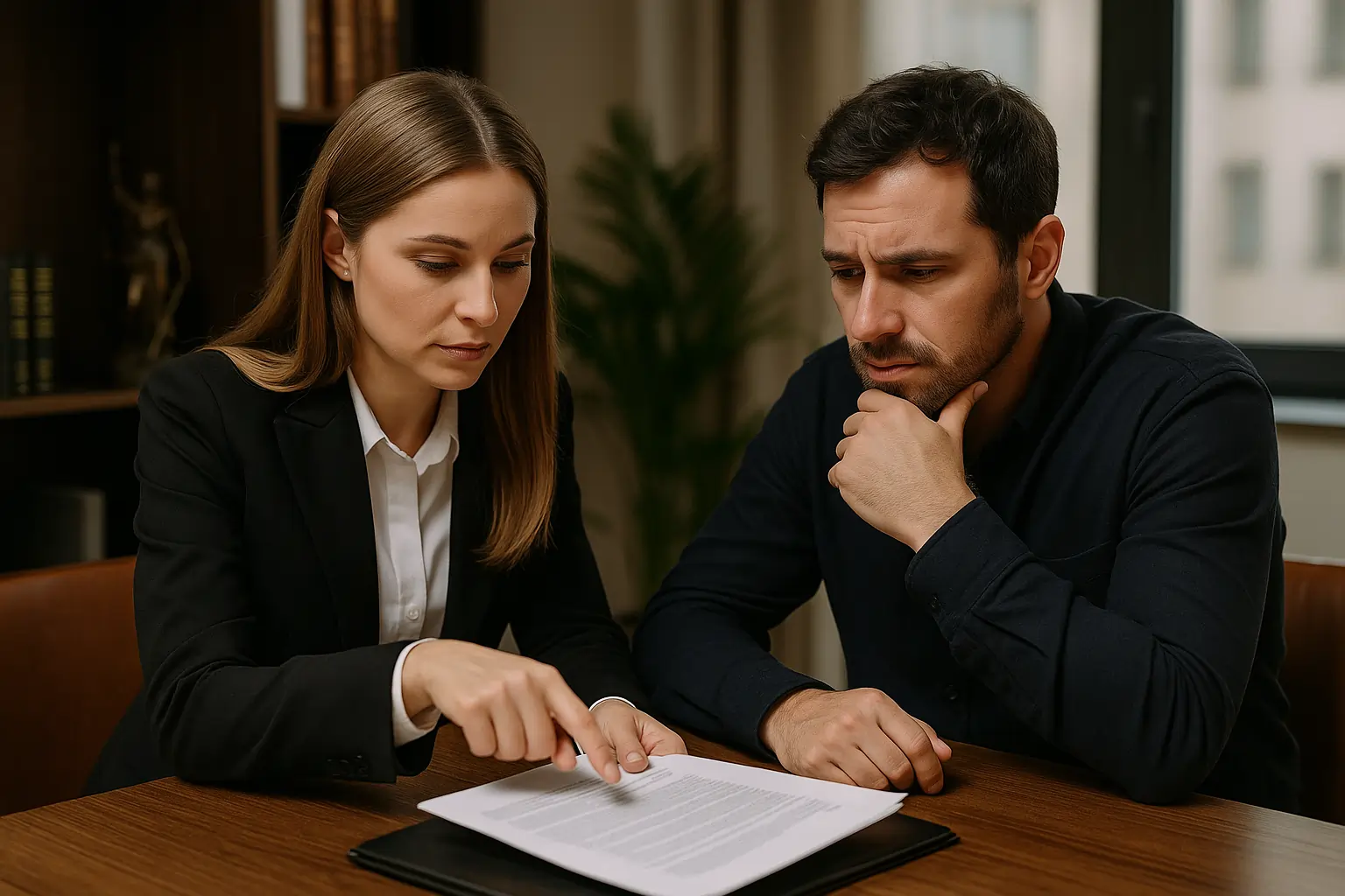 Realistic horizontal image of a lawyer consulting with a side-impact auto crash victim, reviewing claim documents.