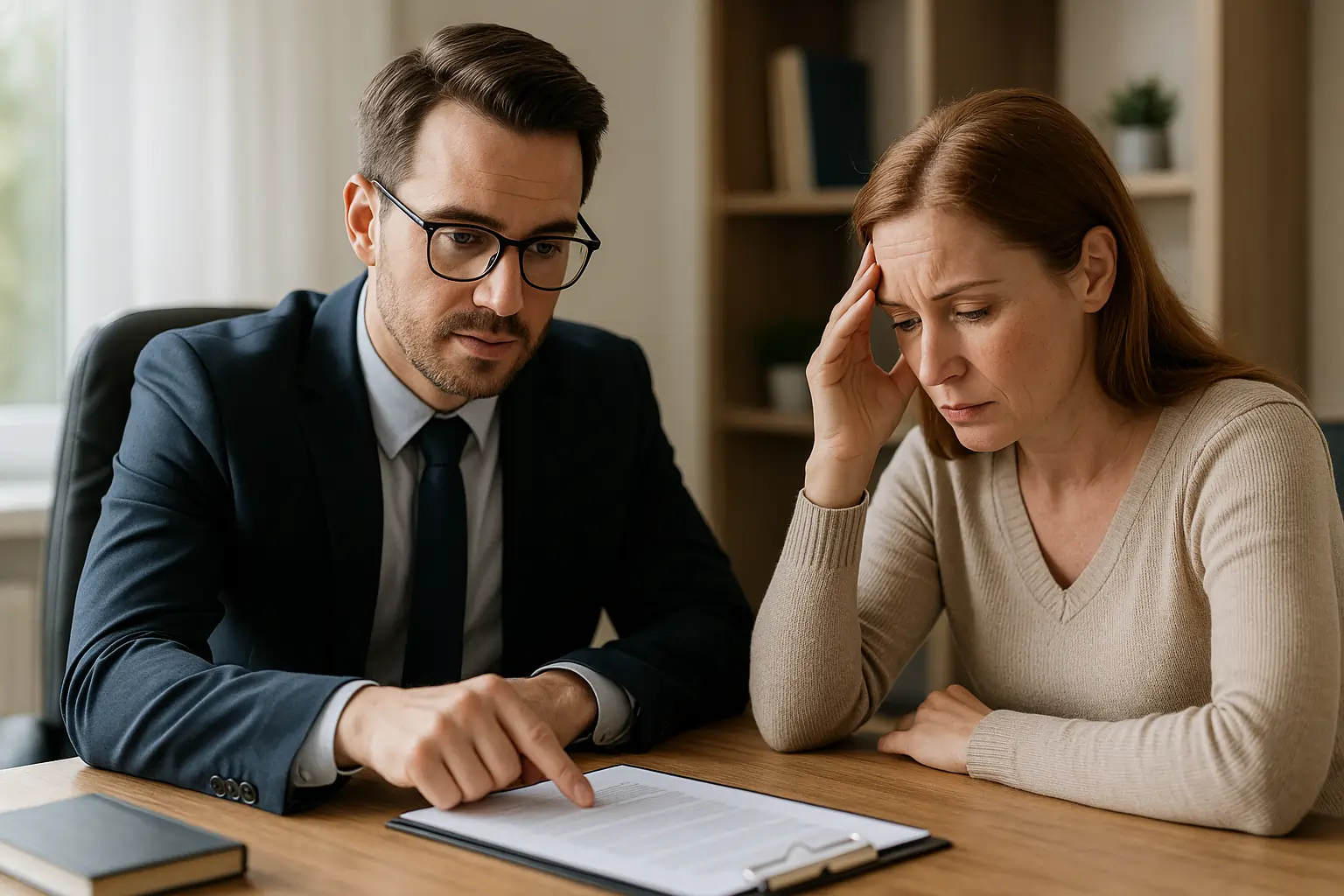 Realistic horizontal image of a medical malpractice lawyer consulting with a patient about a legal case.