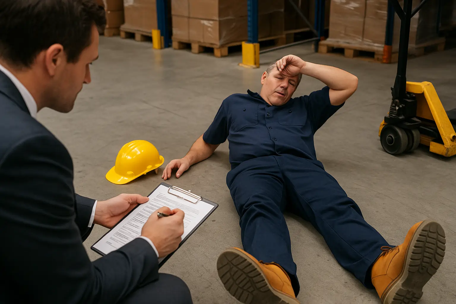 Workplace injury lawyer assisting injured warehouse worker