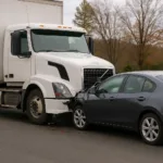 Commercial truck crash scene involving a white semi-truck and a gray sedan on a multi-lane road