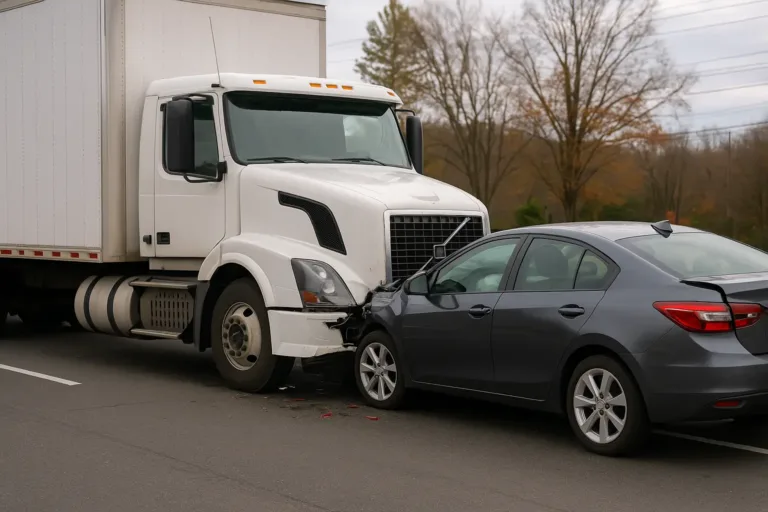 Commercial truck crash scene involving a white semi-truck and a gray sedan on a multi-lane road