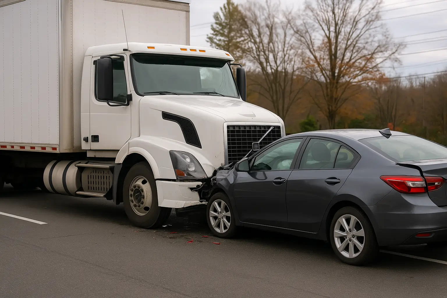 Commercial truck crash scene involving a white semi-truck and a gray sedan on a multi-lane road