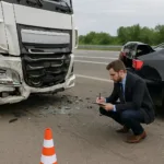Truck accident lawyer investigating crash scene involving a white semi-truck and a black sedan