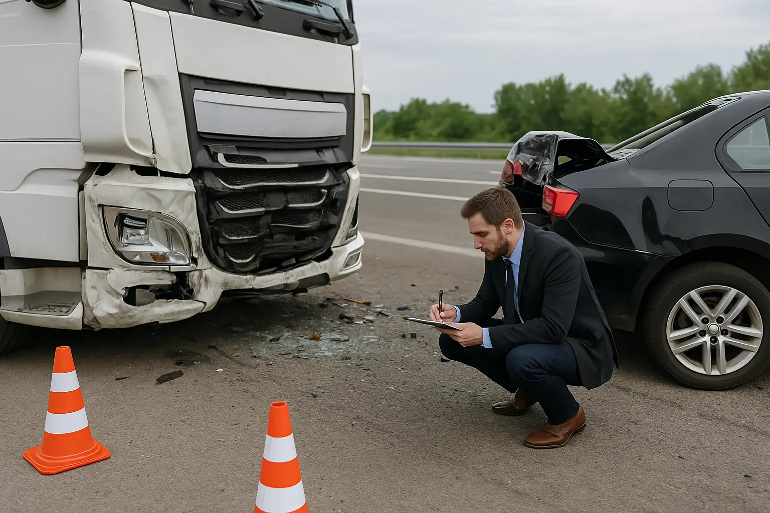 Truck accident lawyer investigating crash scene involving a white semi-truck and a black sedan