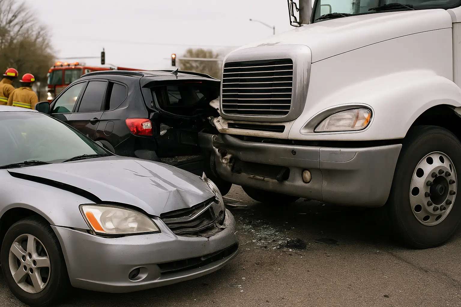 Multi-vehicle accident scene involving silver sedan, black SUV, and white semi-truck at an urban intersection