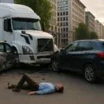 Brake Failure Truck Incidents Scene Showing Multi-Vehicle Crash Involving Large Truck