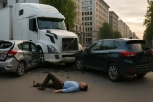 Brake Failure Truck Incidents Scene Showing Multi-Vehicle Crash Involving Large Truck