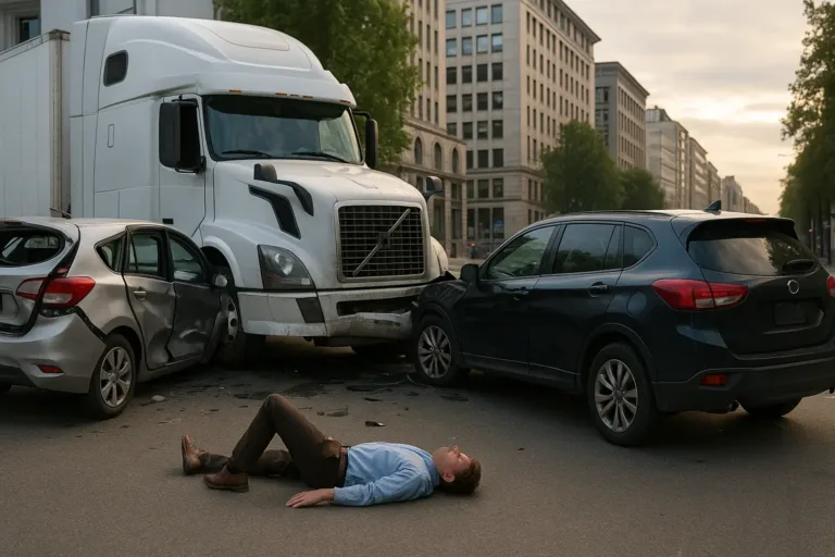 Brake Failure Truck Incidents Scene Showing Multi-Vehicle Crash Involving Large Truck