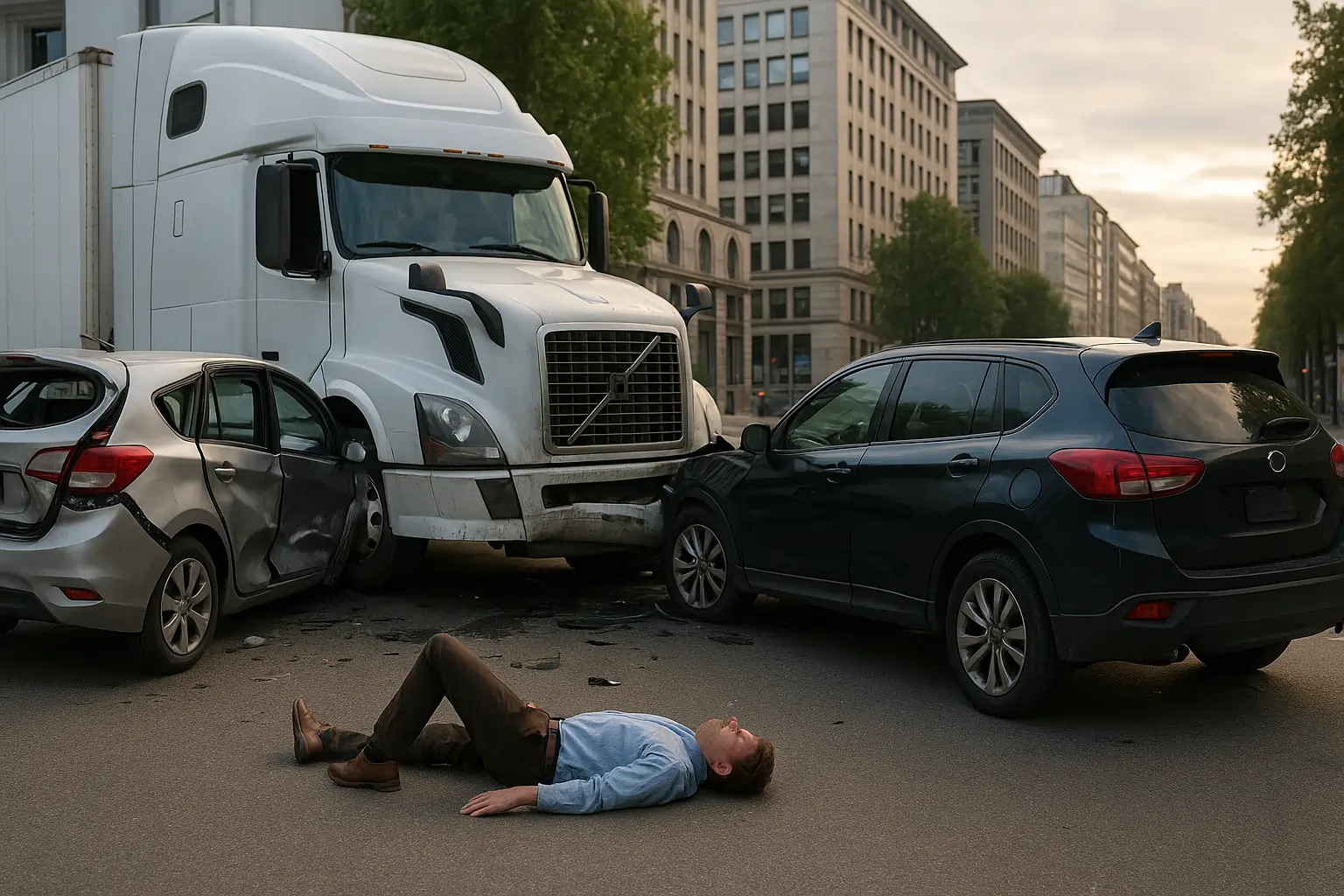 Brake Failure Truck Incidents Scene Showing Multi-Vehicle Crash Involving Large Truck