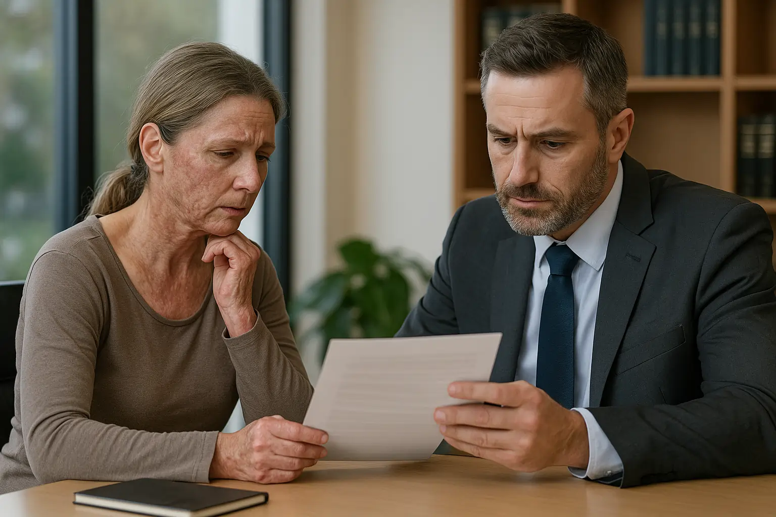 Realistic horizontal image showing a burn injury victim consulting a lawyer about compensation claims.