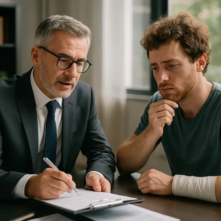 Realistic horizontal image of a lawyer consulting with a truck accident victim about brake failure incident settlements.