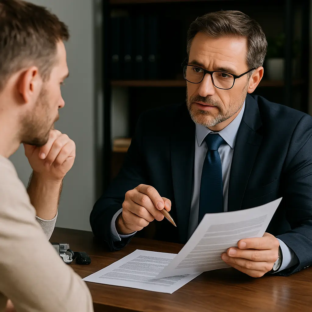 Realistic horizontal image showing a truck accident victim and a local lawyer discussing negotiation strategies.
