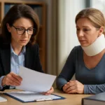Realistic horizontal image showing a car accident whiplash victim consulting a lawyer about their settlement options.