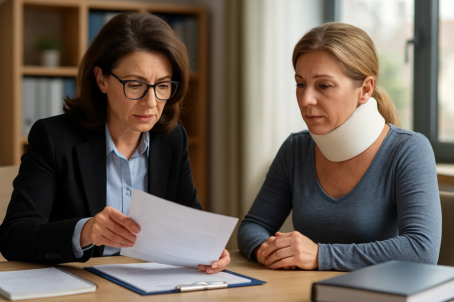 Realistic horizontal image showing a car accident whiplash victim consulting a lawyer about their settlement options.