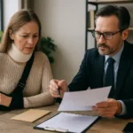 Realistic horizontal image showing a car accident victim with a lawyer reviewing an injury settlement claim.