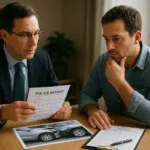 Realistic horizontal image showing a car crash victim and lawyer reviewing evidence from a local crash investigation.