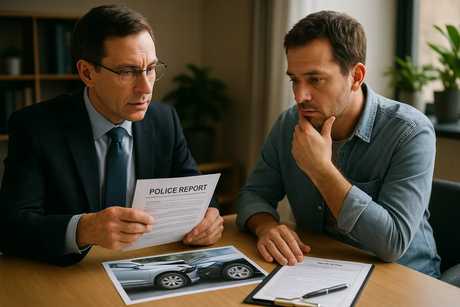 Realistic horizontal image showing a car crash victim and lawyer reviewing evidence from a local crash investigation.