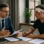 Realistic horizontal image showing a motorcycle accident victim consulting a lawyer about a rear-end collision claim.