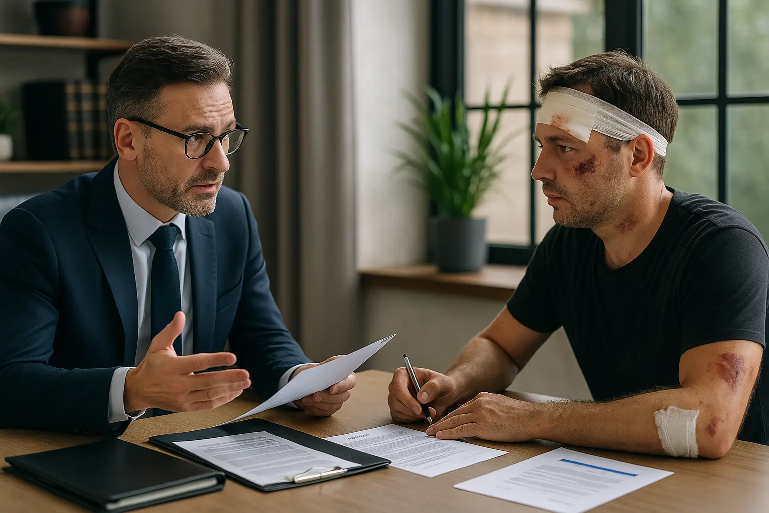 Realistic horizontal image showing a motorcycle accident victim consulting a lawyer about a rear-end collision claim.