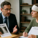 Realistic horizontal image showing a pedestrian accident victim consulting with a lawyer in an office setting.