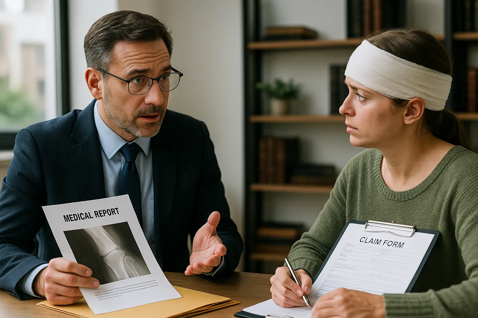 Realistic horizontal image showing a pedestrian accident victim consulting with a lawyer in an office setting.