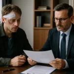 Realistic horizontal image of a public transport accident victim meeting with a lawyer at a legal office.