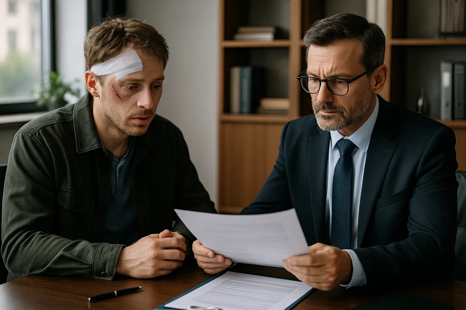 Realistic horizontal image of a public transport accident victim meeting with a lawyer at a legal office.